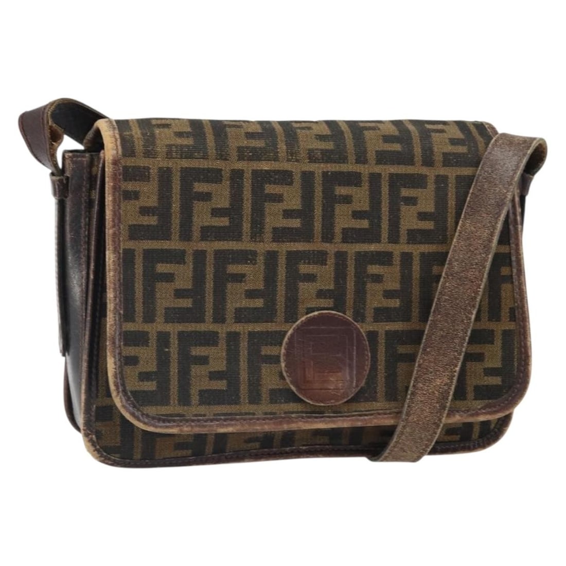 FENDI Shoulder Bag in Black Brown Zucca Canvas Medium Size: FENDI Shoulder Bag in Black Brown Zucca Canvas Medium Size This FENDI shoulder bag features the iconic Zucca canvas in a black and brown color scheme, crafted in Italy. The bag offers a practical size