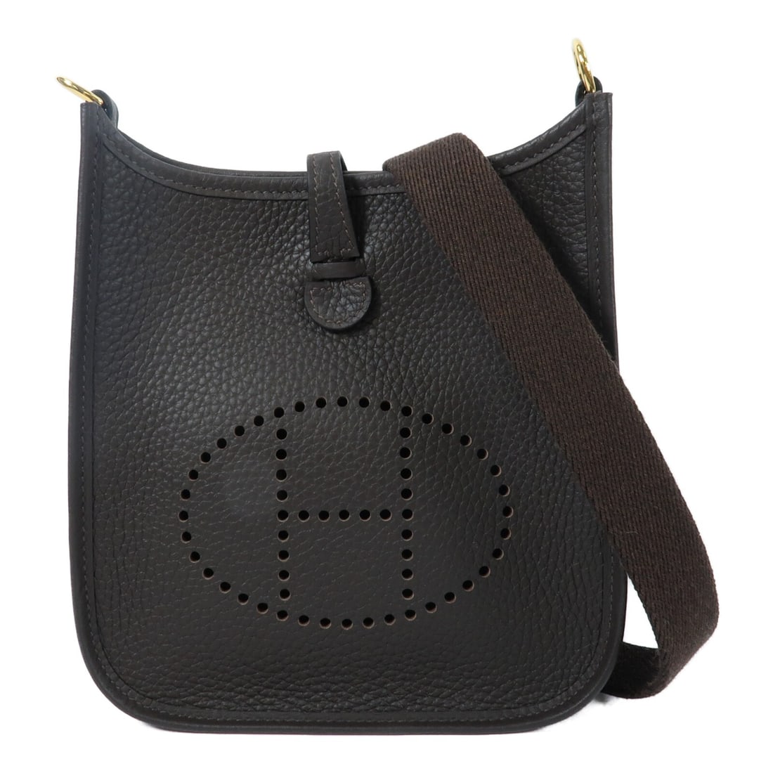 Hermes Evelyne TPM Brown Clemence Leather Shoulder Bag with Gold Hardware: Hermes Evelyne TPM Brown Clemence Leather Shoulder Bag with Gold Hardware This Evelyne TPM shoulder bag is crafted from Taurillon Clemence calfskin leather in a brown shade. Designed for unisex use, i