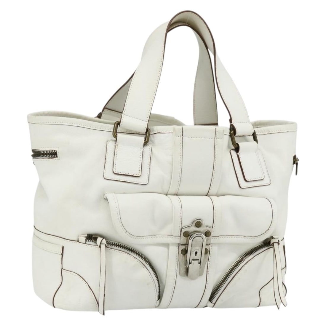 Chloe White Silver Leather Handbag with Key Italy: Chloe White Silver Leather Handbag with Key Italy This Chloe handbag is crafted from leather in a white and silver color combination. Designed for women, it features a spacious interior and a practica