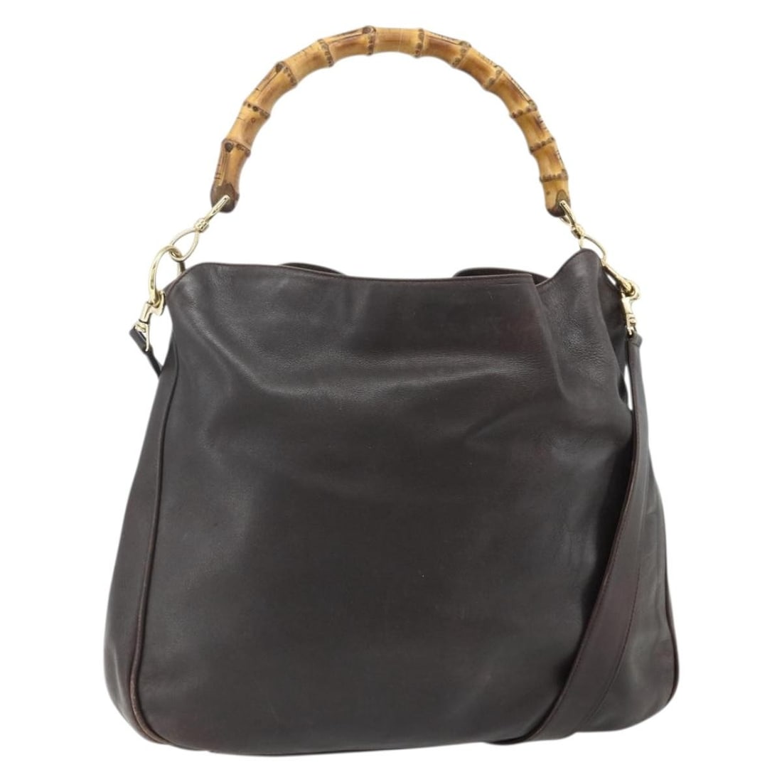 Gucci Bamboo Leather Brown Gold Shoulder Strap Handbag 2way Italy: Gucci Bamboo Leather Brown Gold Shoulder Strap Handbag 2way Italy This GUCCI Bamboo handbag is crafted from brown and gold leather and offers versatile carrying options with both a top handle and a de