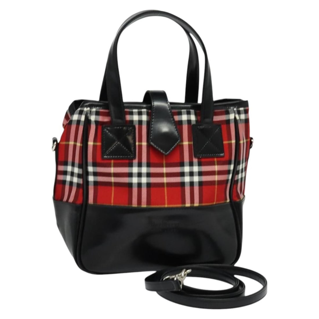 Burberrys Nova Check Blue Label nylon handbag with shoulder strap: Burberrys Nova Check Blue Label nylon handbag with shoulder strap This Burberrys Nova Check Blue Label handbag is crafted from durable nylon in a striking red and silver color combination. Designed fo