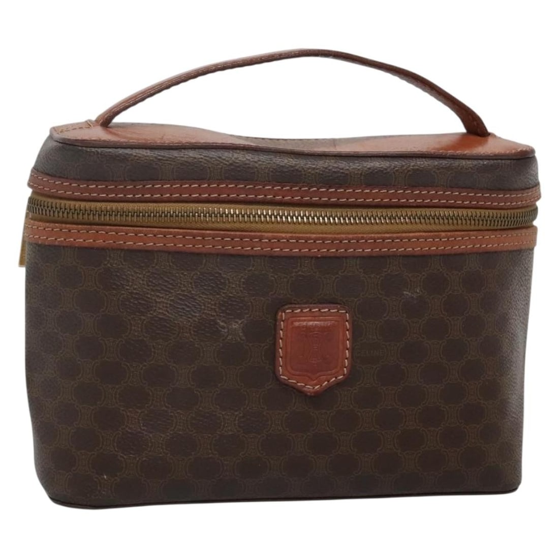 Authentic CELINE Macadam Canvas Vanity Pouch Brown Gold PVC Leather: Authentic CELINE Macadam Canvas Vanity Pouch Brown Gold PVC Leather Elevate your accessory collection with this CELINE Macadam Canvas Vanity Pouch, crafted from durable PVC leather in a stylish brown 