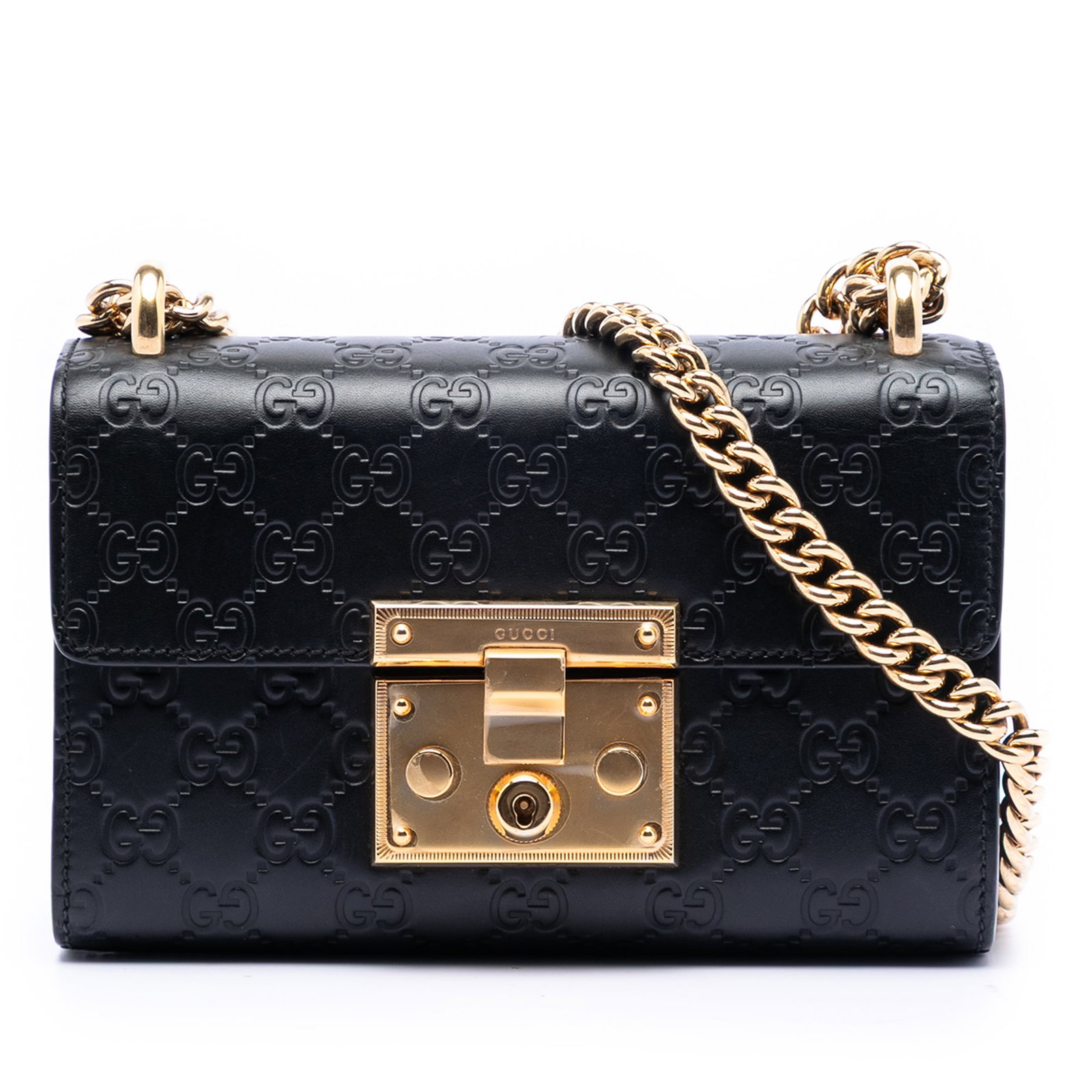 Gucci Padlock Mini Crossbody Bag in Black Embossed Leather: Gucci Padlock Mini Crossbody Bag in Black Embossed Leather This Gucci Small Guccissima Padlock Crossbody bag features a black embossed leather exterior, a chain link shoulder strap, a front flap with 