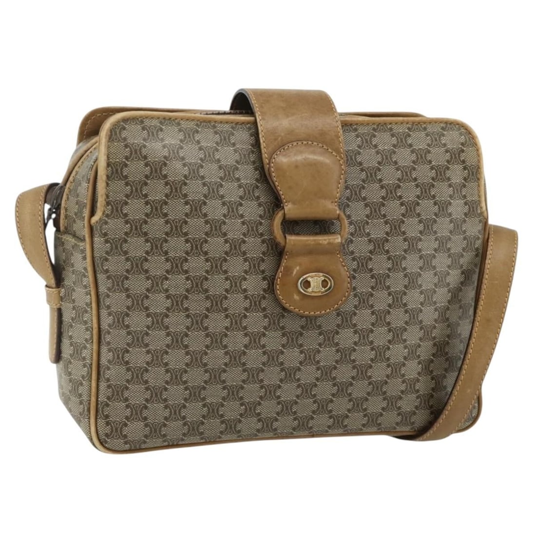 CELINE Macadam Beige Gold PVC Leather Shoulder Bag Italy: CELINE Macadam Beige Gold PVC Leather Shoulder Bag Italy This CELINE Macadam shoulder bag is crafted from PVC leather and features the signature Macadam canvas in beige and gold tones. Designed for wo