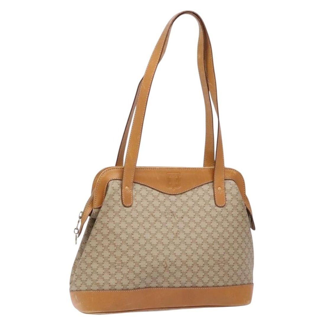 CELINE Beige Gold Macadam PVC Shoulder Bag Made in Italy: CELINE Beige Gold Macadam PVC Shoulder Bag Made in Italy This Celine Macadam Canvas Shoulder Bag is a stylish accessory that combines functionality with high-end fashion. Crafted from durable PVC leat
