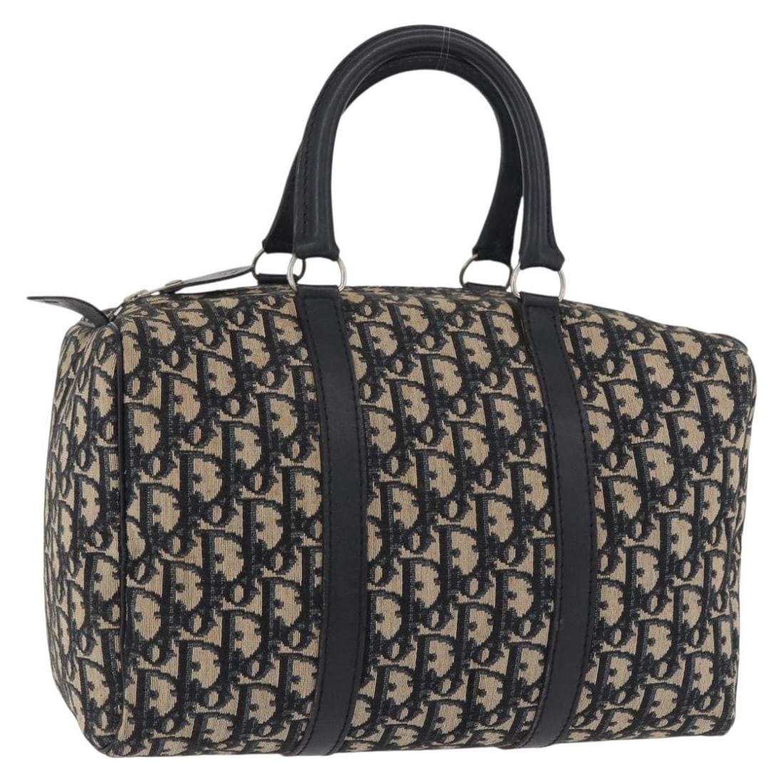 Dior Trotter Canvas Navy Silver Boston Bag: Dior Trotter Canvas Navy Silver Boston Bag This Christian Dior Boston Bag features the iconic Trotter Canvas in navy and silver tones. Designed for women, the bag is crafted in France and offers a spa
