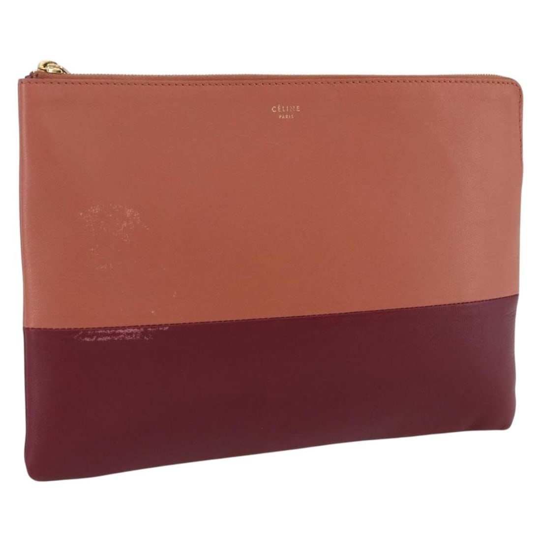Celine Red Leather Pouch Gold Accents Made in Italy: Celine Red Leather Pouch Gold Accents Made in Italy This is a Celine pouch crafted from red and gold leather. The pouch features a slim profile and is made in Italy. It shows signs of heavy use, inclu