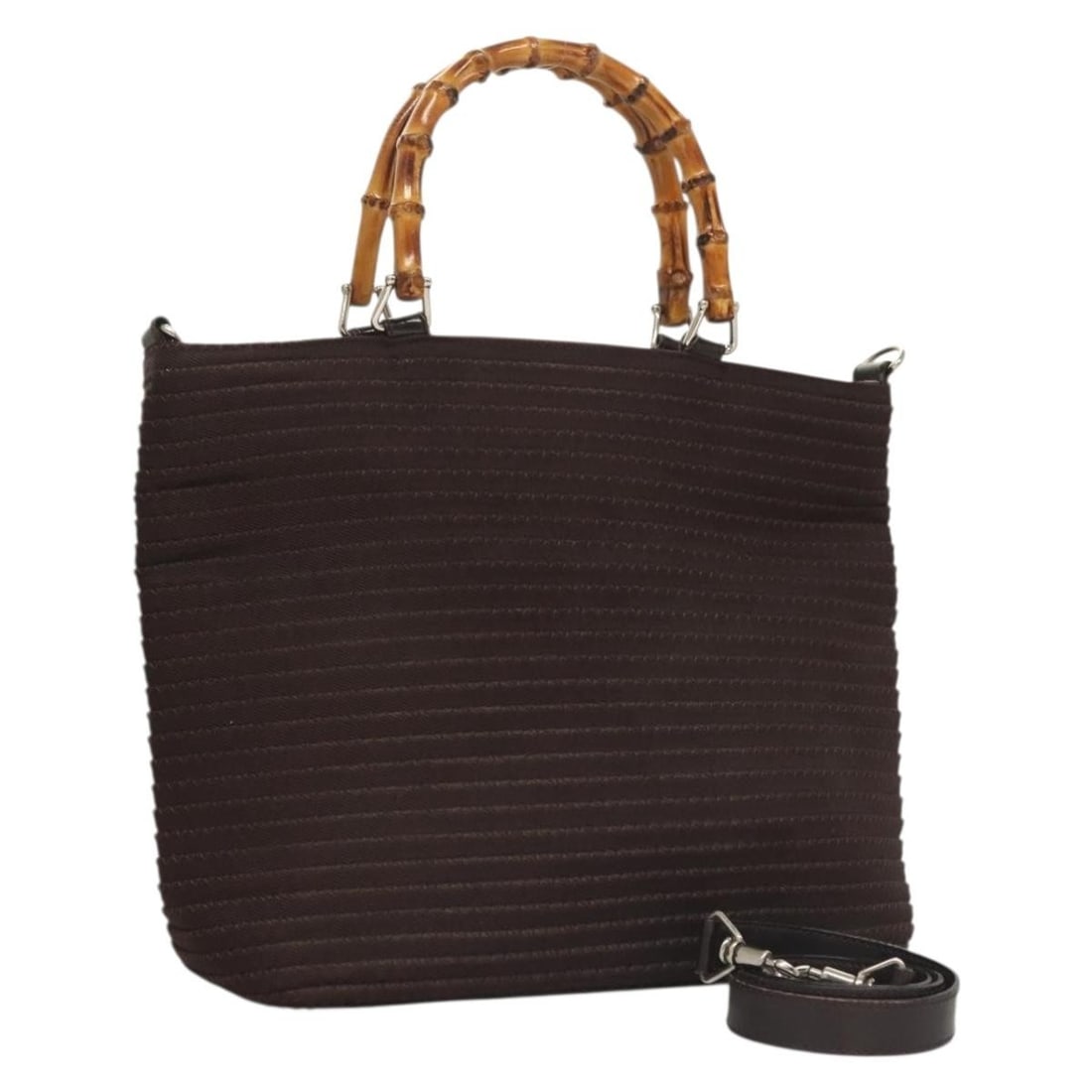 GUCCI Bamboo Nylon Hand Bag Brown Silver 000 1998 0540 Auth: GUCCI Bamboo Nylon Hand Bag Brown Silver 000 1998 0540 Auth This authentic GUCCI Bamboo Hand Bag showcases a stylish design in a rich brown nylon material paired with silver accents. The bag features 