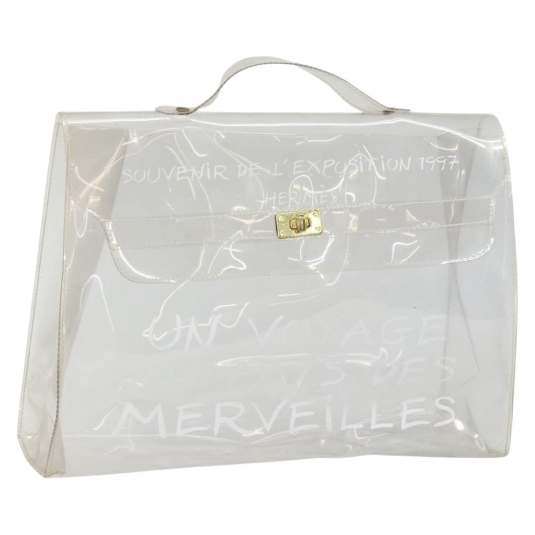 Hermes clear vinyl Kelly handbag: Hermes clear vinyl Kelly handbag This Hermes Kelly-style handbag is crafted from clear vinyl, offering a modern and distinctive look. Designed for women, it features a top handle with a 2-inch (5 cm) 