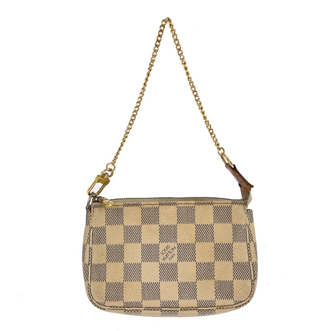 Louis Vuitton Mini Pochette Accessoires Damier Azur Canvas Handbag with Chain Strap: Louis Vuitton Mini Pochette Accessoires Damier Azur Canvas Handbag with Chain Strap This Louis Vuitton Mini Pochette Accessoires handbag showcases the iconic Damier Azur pattern with logo accents. Fea
