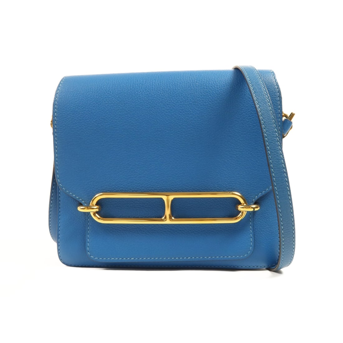 Hermes Roulis Mini Blue Zanzibar Evercolor Leather Shoulder Bag with Gold Hardware: Hermes Roulis Mini Blue Zanzibar Evercolor Leather Shoulder Bag with Gold Hardware This Hermes Roulis Mini shoulder bag is crafted from Evercolor calfskin leather in Blue Zanzibar, featuring gold hard