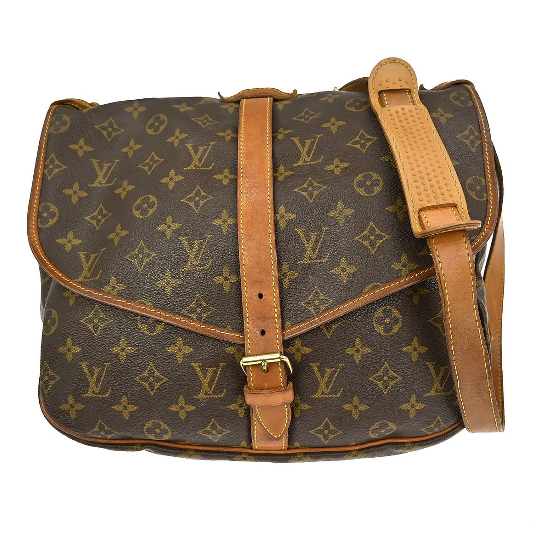 Louis Vuitton Saumur 35 Monogram Canvas Shoulder Bag M42254: Louis Vuitton Saumur 35 Monogram Canvas Shoulder Bag M42254 This is a vintage Louis Vuitton Saumur 35 shoulder bag featuring the iconic Monogram canvas with leather trim. The bag has a buckle closure 
