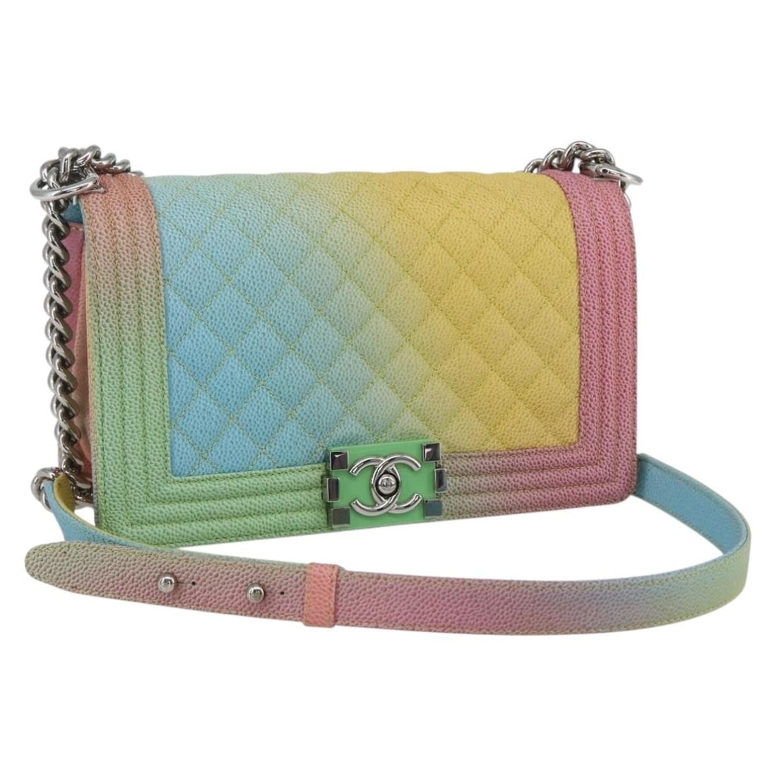 Chanel Boy Medium Multicolor Caviar Leather Chain Shoulder Bag with CC Logo: Chanel Boy Medium Multicolor Caviar Leather Chain Shoulder Bag with CC Logo This CHANEL Boy Chanel Medium Chain Shoulder Bag is crafted from durable multicolor caviar skin leather and features silver-