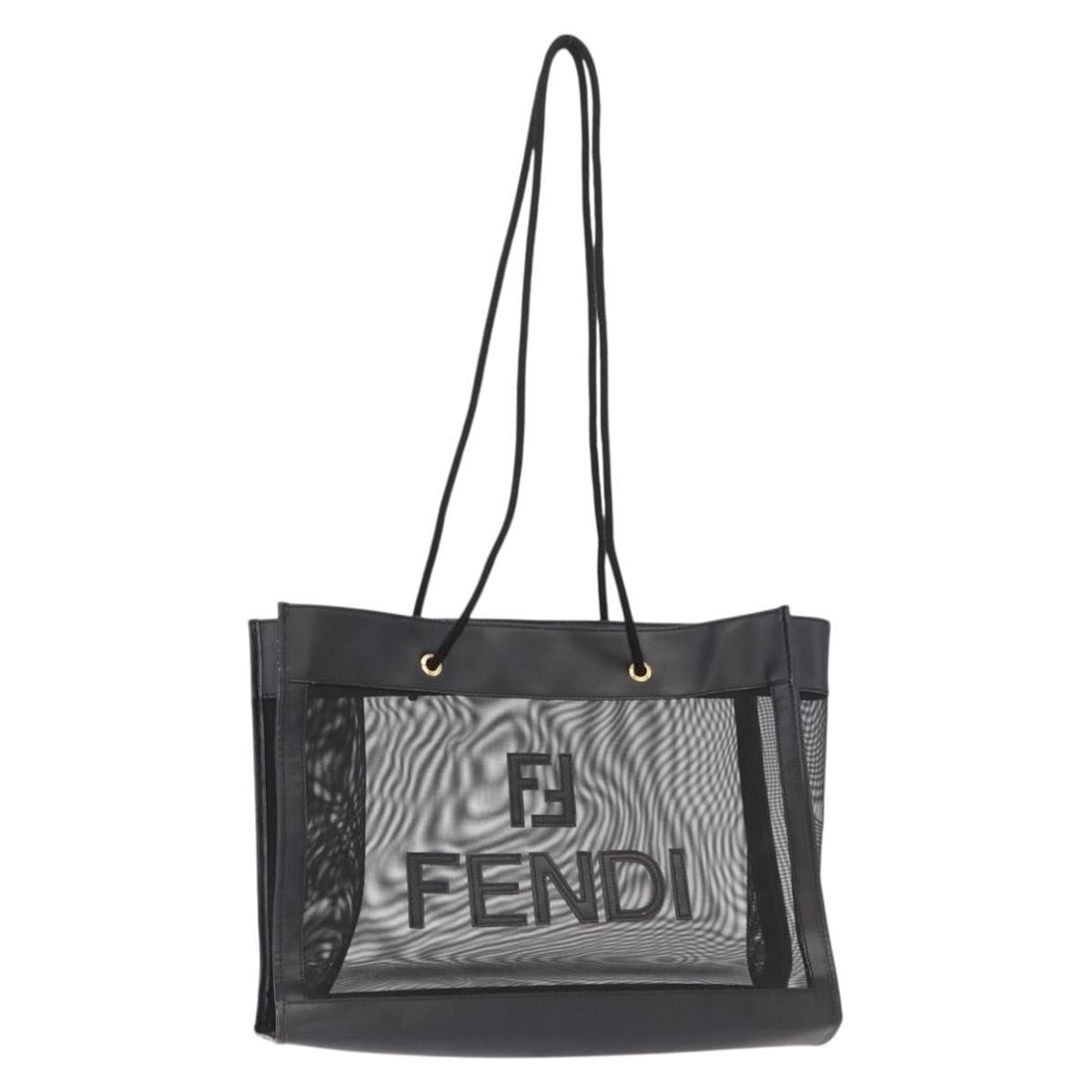 Fendi Black Mesh Nylon and Leather Tote Bag with Gold Accents: Fendi Black Mesh Nylon and Leather Tote Bag with Gold Accents This FENDI mesh tote bag features a black and gold nylon exterior with leather accents. Made in Italy, it offers a spacious interior and i