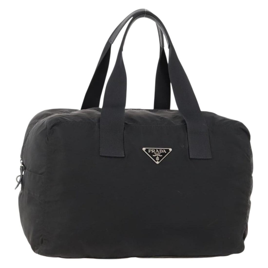 Prada black nylon Boston handbag Italy 16.1 x 10.2 x 7.1 inch: Prada black nylon Boston handbag Italy 16.1 x 10.2 x 7.1 inch This PRADA Boston Bag is crafted from black nylon with silver-tone accents. Designed for women, it features a spacious interior and dual t