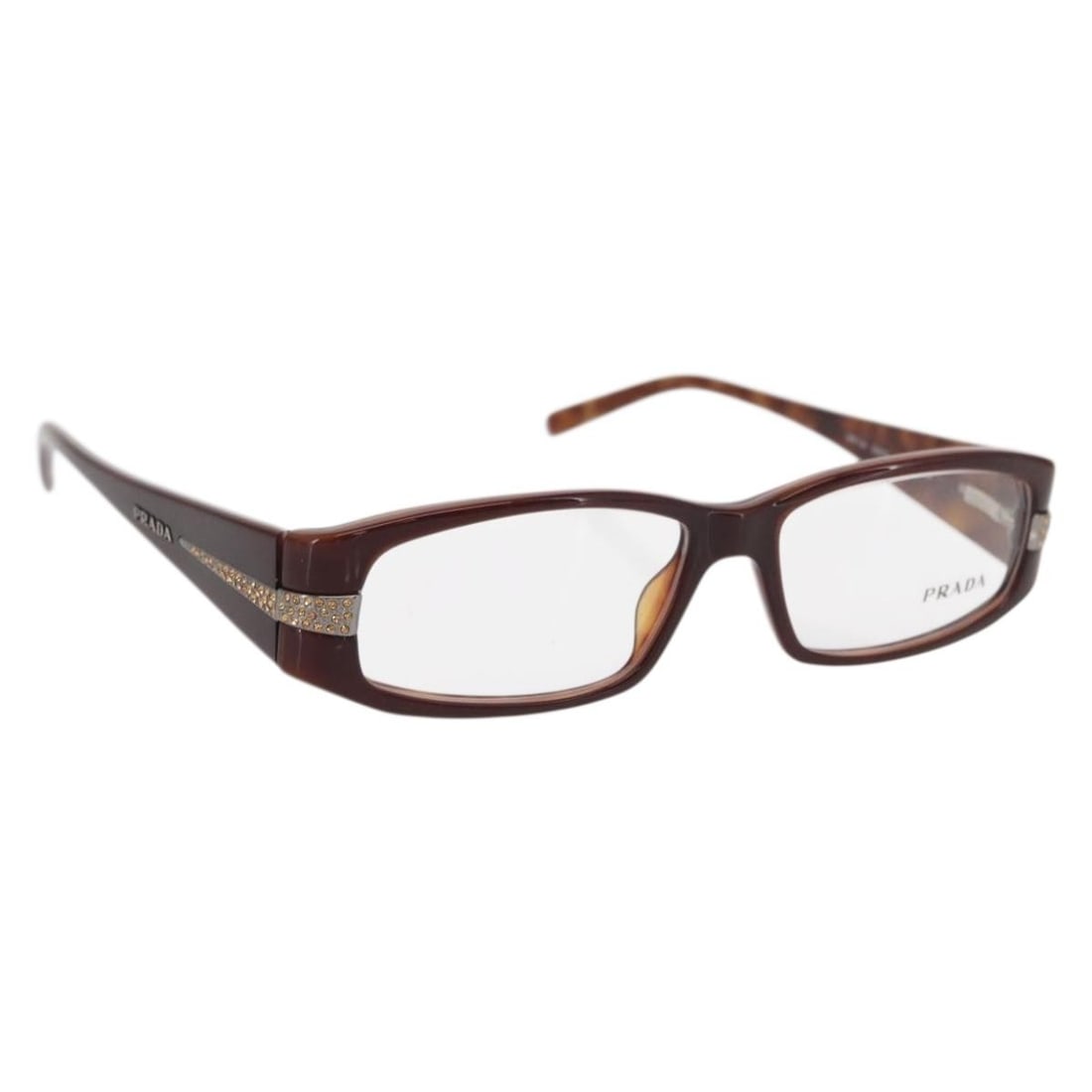 Brown Plastic Eyeglasses by PRADA Italy Serial 53#15: Brown Plastic Eyeglasses by PRADA Italy Serial 53#15 These PRADA glasses feature a brown plastic frame and are made in Italy. The glasses show signs of heavy use, including surface rubbing and scratch