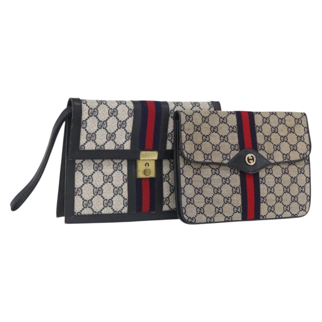 Set of 2 Gucci Navy GG Supreme Sherry Line PVC Leather Clutch Bags: Set of 2 Gucci Navy GG Supreme Sherry Line PVC Leather Clutch Bags GUCCI GG Supreme Sherry Line clutch bag set in navy, crafted from PVC leather and GG canvas. Made in Italy, this set features noticea