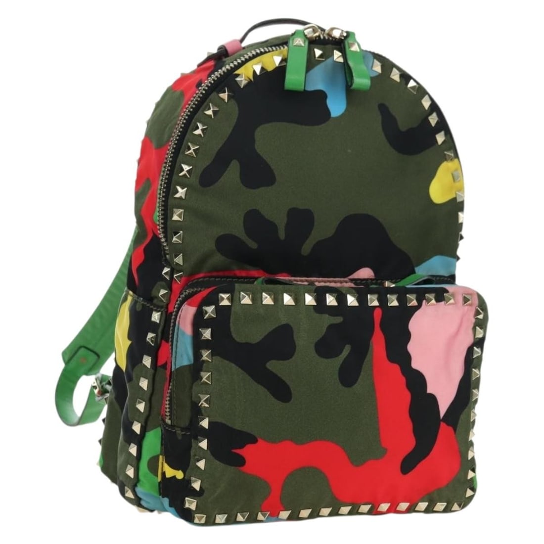 Valentino khaki gold nylon camouflage backpack Italy: Valentino khaki gold nylon camouflage backpack Italy This VALENTINO camouflage backpack is crafted from durable nylon in khaki and gold tones. Designed for women, it features a compact yet functional 