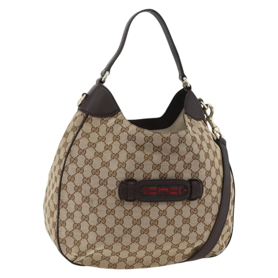 Beige GG Canvas Sherry Line Shoulder Bag with Gold Accents by Gucci: Beige GG Canvas Sherry Line Shoulder Bag with Gold Accents by Gucci This Gucci GG Canvas Web Sherry Line 2-way shoulder bag features a beige and gold color scheme with the iconic GG canvas exterior. D