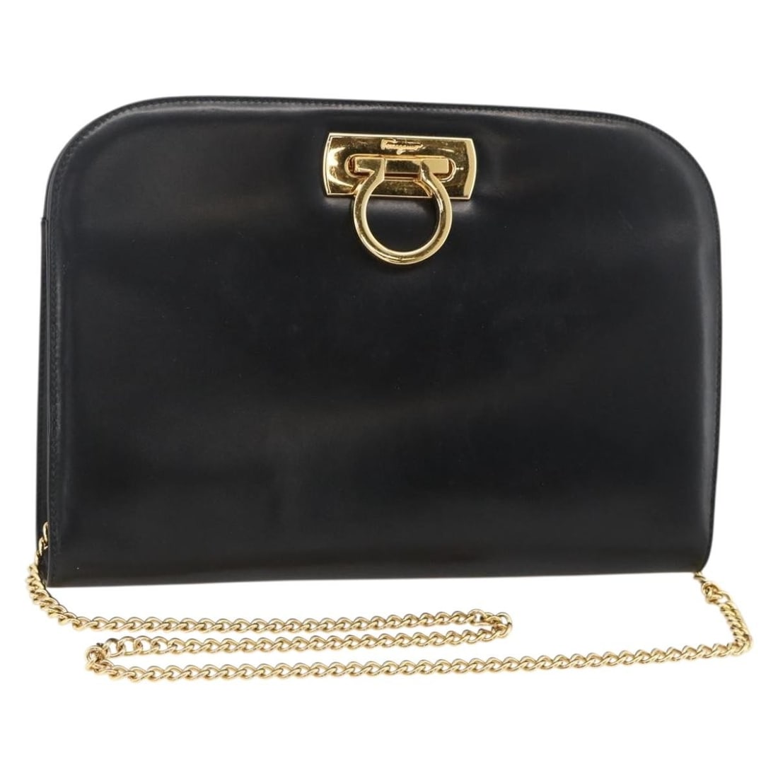 Salvatore Ferragamo Gancini Black Leather Shoulder Bag with Chain Strap: Salvatore Ferragamo Gancini Black Leather Shoulder Bag with Chain Strap This Salvatore Ferragamo Gancini chain shoulder bag is crafted from black leather with gold-tone accents. Designed for women, it