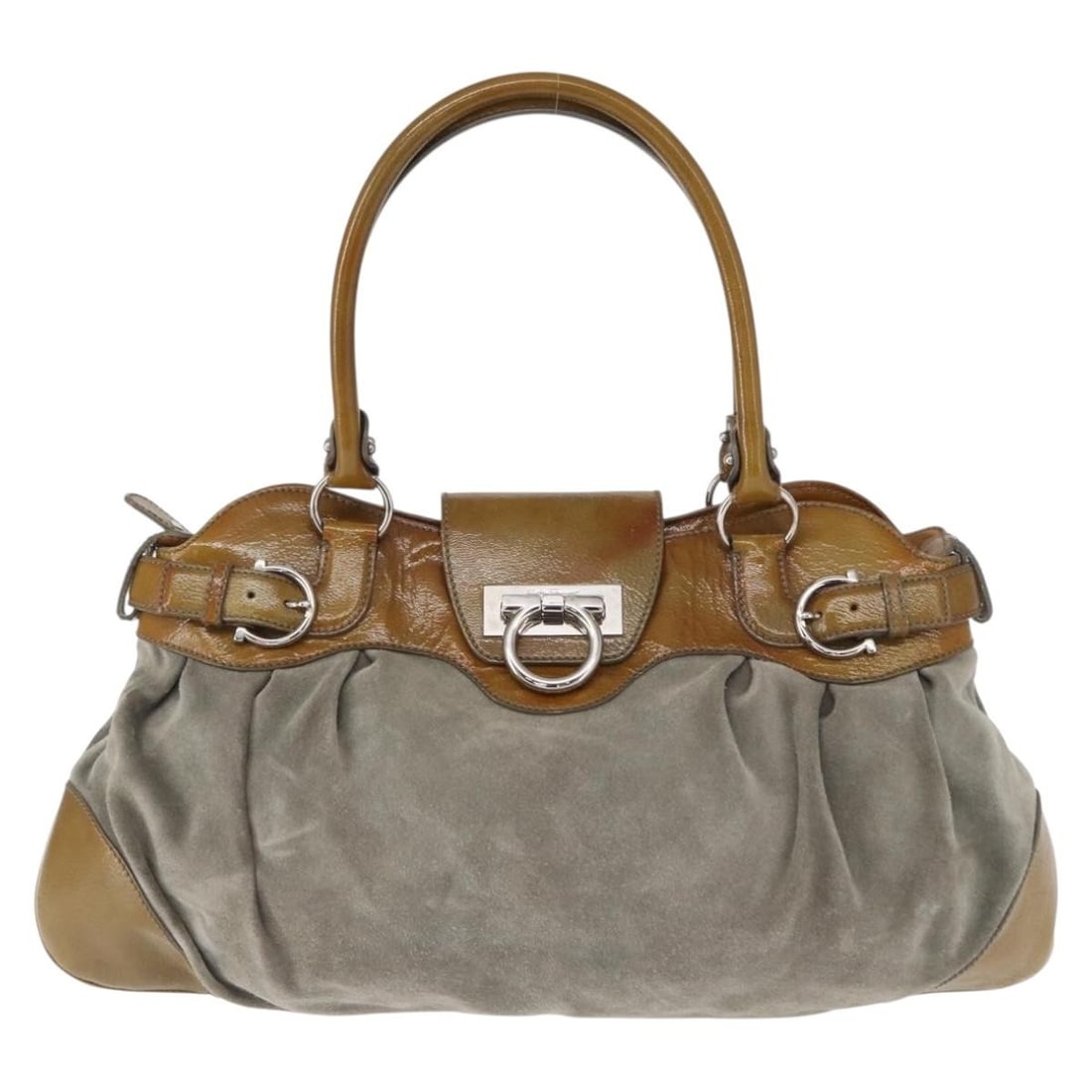 Green Suede Salvatore Ferragamo Gancini Women's Handbag 44x26x1cm: Green Suede Salvatore Ferragamo Gancini Women's Handbag 44x26x1cm This Salvatore Ferragamo Gancini handbag is crafted from green suede and designed for women. It features metal fittings and a structur