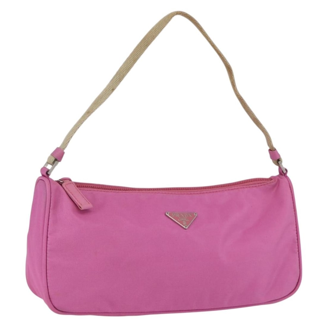 Prada Nylon Pink Silver Accessory Pouch with Guarantee Card: Prada Nylon Pink Silver Accessory Pouch with Guarantee Card This PRADA accessory pouch is crafted from pink and silver nylon and features a compact, versatile design. Made in Italy, it includes a guar