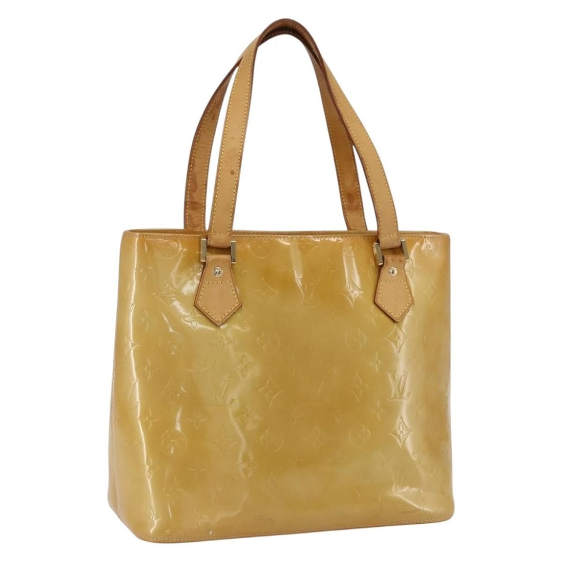 Beige Vernis Houston Patent Leather Handbag by Louis Vuitton M91004: Beige Vernis Houston Patent Leather Handbag by Louis Vuitton M91004 This Louis Vuitton Monogram Vernis Houston handbag in beige features a patent leather exterior with gold-tone hardware. Designed for