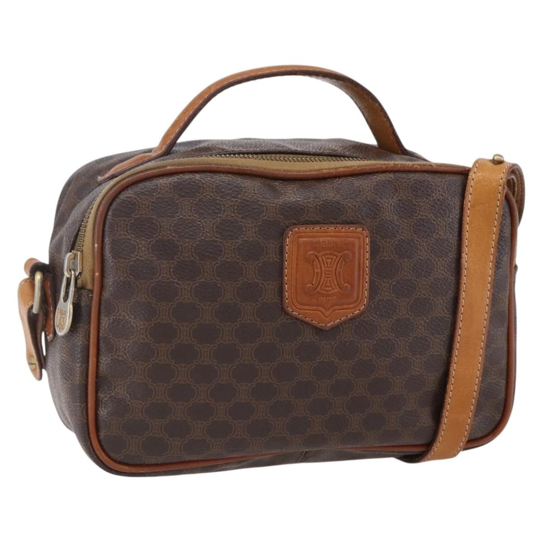 CELINE Macadam Canvas Hand Bag PVC Leather Brown Gold Auth 153470: CELINE Macadam Canvas Hand Bag PVC Leather Brown Gold Auth 153470 This authentic CELINE Macadam Canvas Hand Bag is a stylish accessory crafted in Italy, featuring a chic combination of brown PVC leath