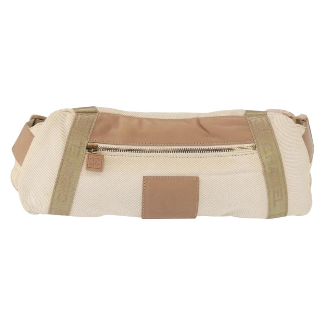 Beige canvas sports shoulder bag by Chanel with Coco mark: Beige canvas sports shoulder bag by Chanel with Coco mark This Chanel sports shoulder bag features a beige canvas exterior with the signature Coco mark. Designed for women, it offers a spacious interi