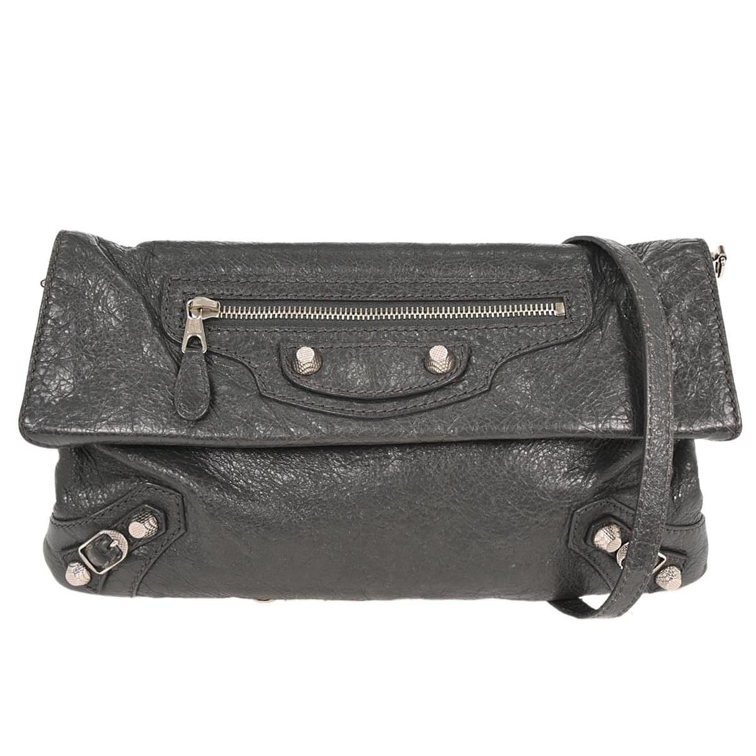 Balenciaga Envelope Crossbody Gray Leather Medium Shoulder Bag 327079.1110.F.525040: Balenciaga Envelope Crossbody Gray Leather Medium Shoulder Bag 327079.1110.F.525040 This Balenciaga envelope shoulder bag features gray leather construction with a magnetic closure and silver-tone har