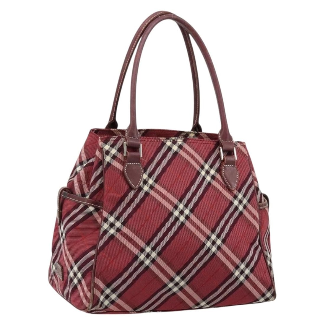 Burberry Blue Label nylon tote red silver 11 inch handbag: Burberry Blue Label nylon tote red silver 11 inch handbag This BURBERRY Nova Check Blue Label handbag features a red and silver nylon exterior with a classic check pattern. Designed for women, it offe