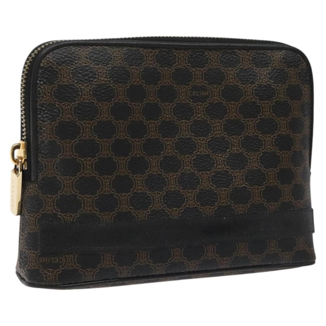 Celine Macadam Black Gold PVC Leather Pouch for Women Italy: Celine Macadam Black Gold PVC Leather Pouch for Women Italy This CELINE Macadam Canvas pouch features a classic black and gold color combination with a durable PVC leather exterior. Designed for women