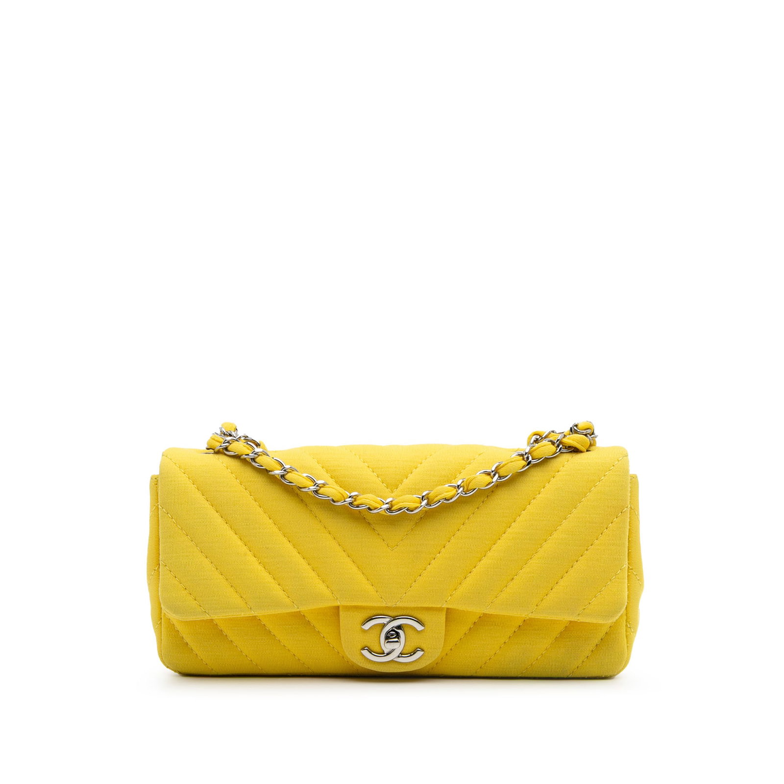 Chanel Chevron Jersey East West Flap Bag in Yellow: Chanel Chevron Jersey East West Flap Bag in Yellow This Chanel Chevron Jersey East West Flap bag is a stylish accessory crafted from a quilted cotton jersey, featuring a vibrant yellow color. It showc