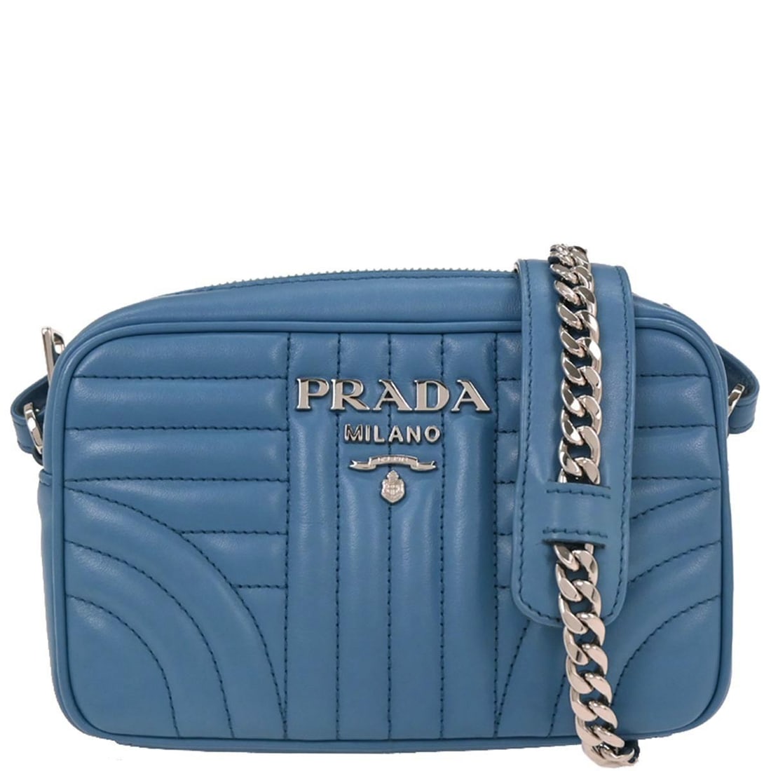 Diagramme Small Blue Leather Shoulder Bag by Prada with Chain Strap: Diagramme Small Blue Leather Shoulder Bag by Prada with Chain Strap This Prada Diagramme chain shoulder bag features a sleek blue leather exterior with the signature Prada logo accent. Designed for ca