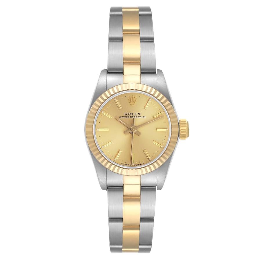 Ladies Oyster Perpetual 67193 Champagne Stick Dial Fluted Bezel Watch: Ladies Oyster Perpetual 67193 Champagne Stick Dial Fluted Bezel Watch This ladies Rolex Oyster Perpetual watch features a champagne stick dial, a fluted bezel, and an Oyster bracelet. The reference nu