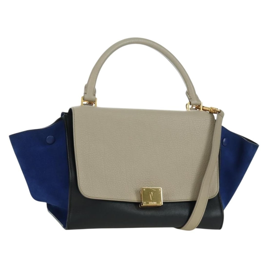 Celine Trapeze Blue Leather Handbag with Shoulder Strap Two Way Style: Celine Trapeze Blue Leather Handbag with Shoulder Strap Two Way Style This CELINE Trapeze handbag features blue and silver leather and offers both hand and shoulder carry options. Designed for women, 