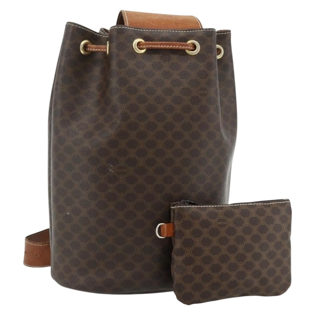 Celine Macadam Canvas Brown Gold Shoulder Bag with Pouch: Celine Macadam Canvas Brown Gold Shoulder Bag with Pouch This CELINE Macadam shoulder bag features a classic brown and gold color scheme with PVC leather and signature Macadam canvas. Designed for wom