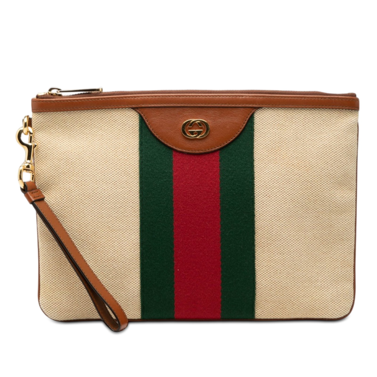 Gucci Brown Canvas Clutch with Leather Trim and Web Wrist Strap: Gucci Brown Canvas Clutch with Leather Trim and Web Wrist Strap This Gucci clutch bag features a canvas body with leather trim and signature web detail. It is designed with a detachable flat leather w