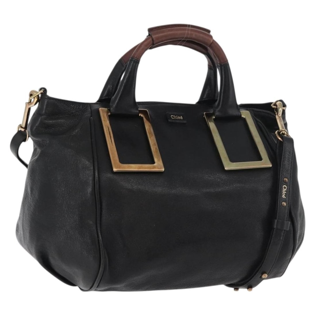 Chloe Black Gold Leather Shoulder Bag with Strap: Chloe Black Gold Leather Shoulder Bag with Strap This Chloe Etel handbag features a versatile 2-way design crafted from black leather with gold-tone accents. Designed for women, it offers both a shoul