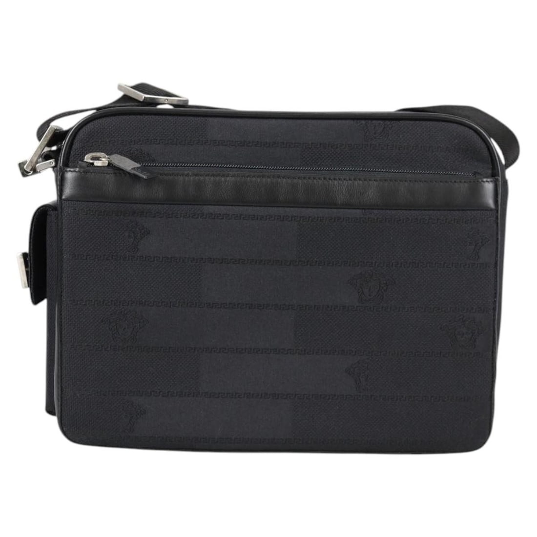 Versace Leather Canvas Shoulder Bag with Front Pocket 28x22x13cm: Versace Leather Canvas Shoulder Bag with Front Pocket 28x22x13cm This Versace Front Pocket Shoulder Bag combines durable black canvas with leather accents for a unisex design. It features a front pock