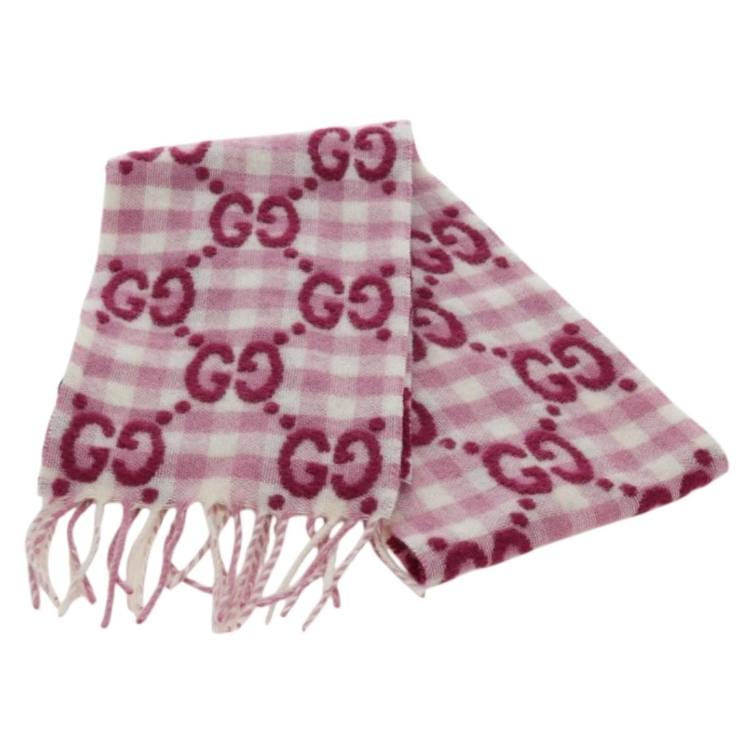 Pink Wool GG Pattern Scarf by Gucci with Box and Dust Bag: Pink Wool GG Pattern Scarf by Gucci with Box and Dust Bag This Gucci GG scarf is crafted from soft wool in a pink hue, designed for women. Made in Italy, it features the iconic GG pattern and offers a