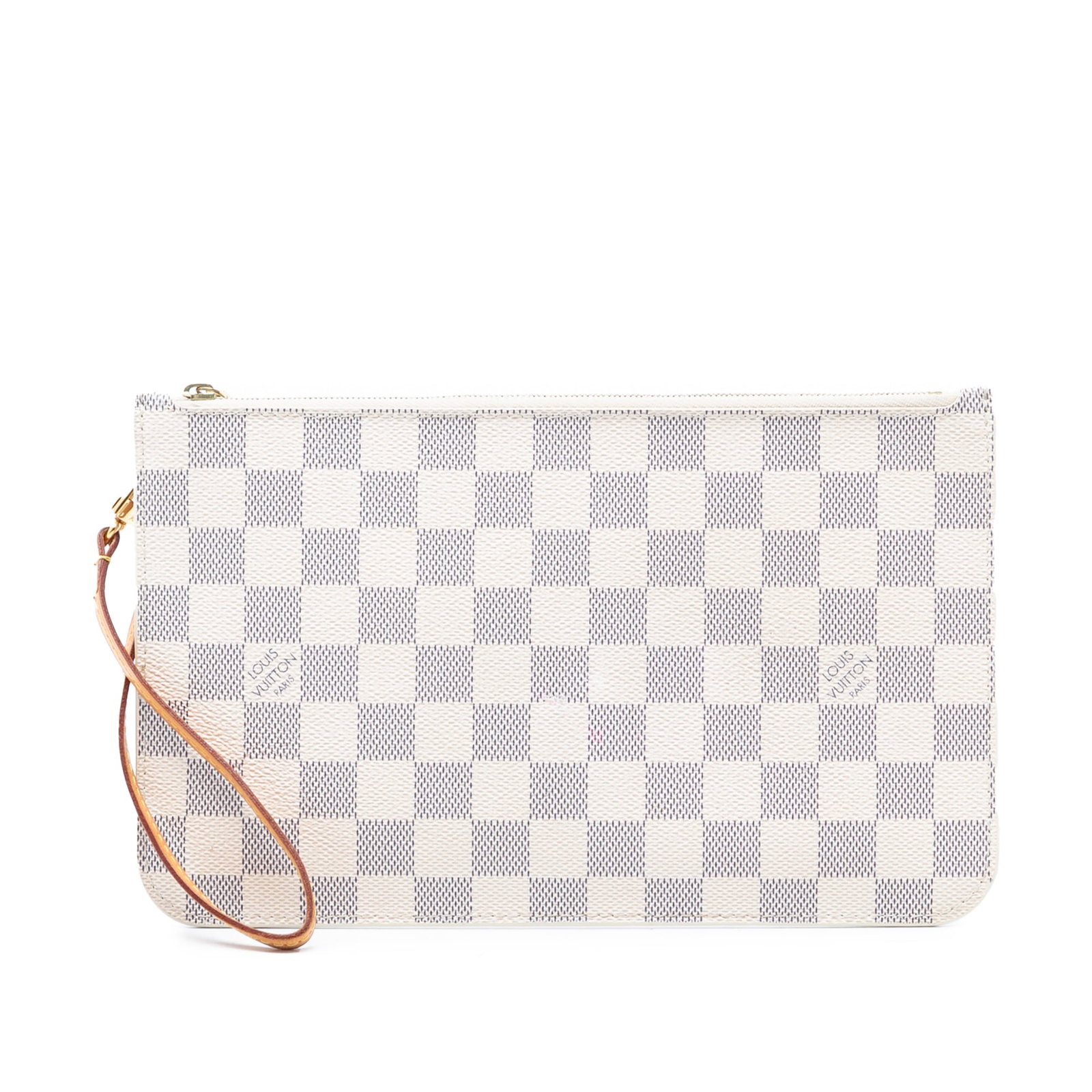 Louis Vuitton Neverfull MM Damier Azur Canvas Wristlet Pouch: Louis Vuitton Neverfull MM Damier Azur Canvas Wristlet Pouch This Louis Vuitton Damier Azur Neverfull MM pouch features the signature damier canvas body in white, complemented by a flat vachetta leath