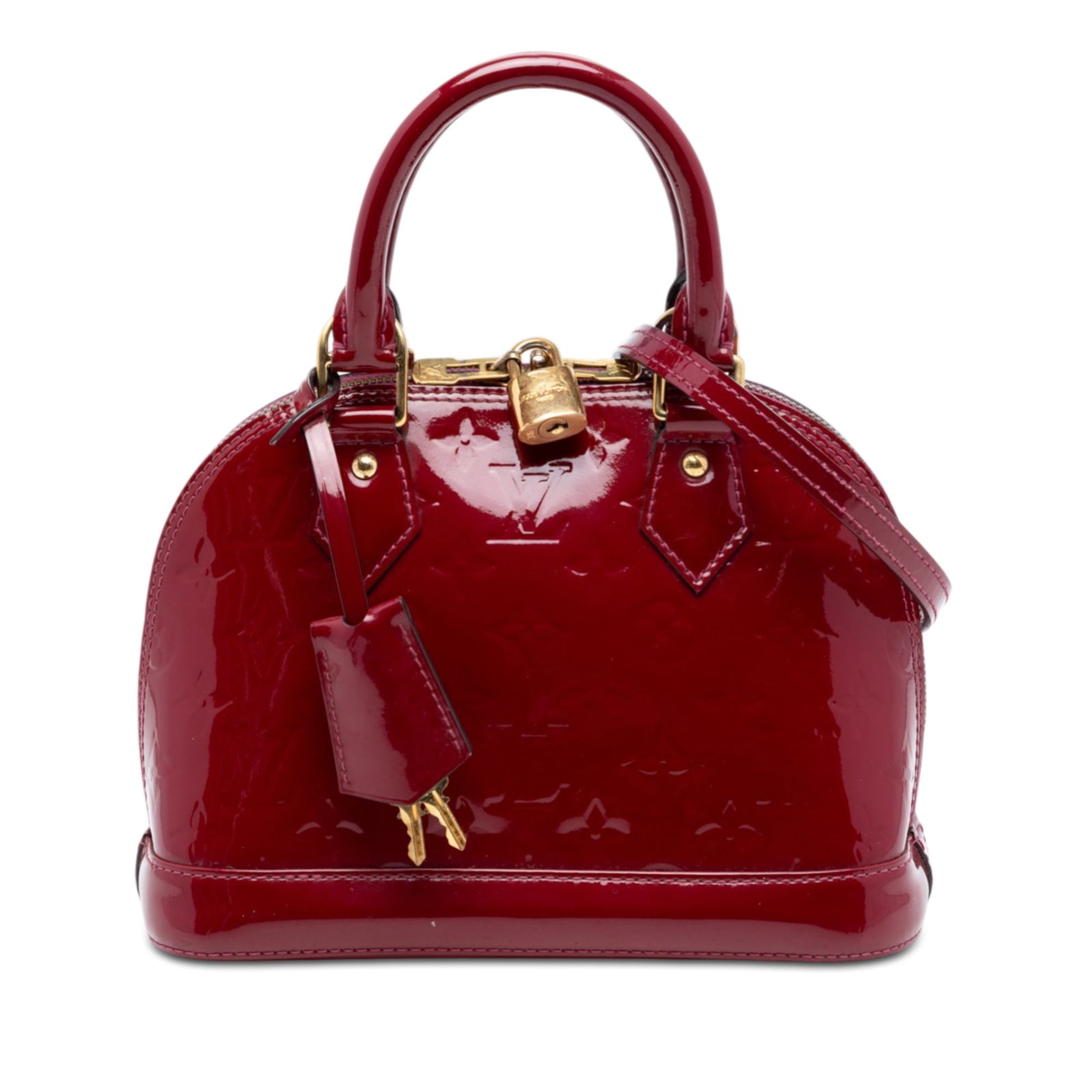 Louis Vuitton Alma BB Red Vernis Leather Crossbody Satchel: Louis Vuitton Alma BB Red Vernis Leather Crossbody Satchel This Louis Vuitton Monogram Vernis Alma BB features a vernis leather body in red, rolled top handles, a detachable flat leather strap, a top 