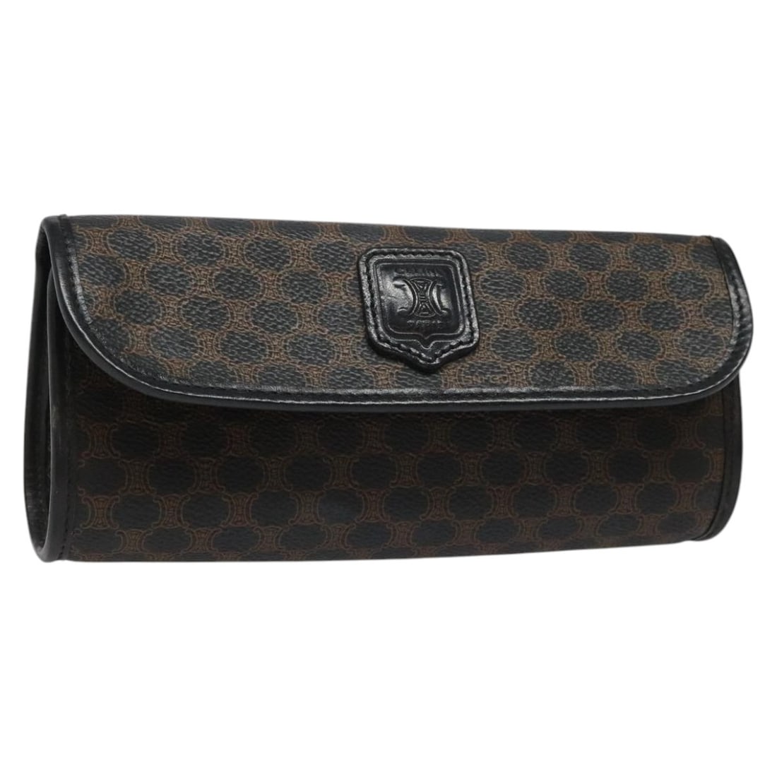 Black PVC Leather Macadam Canvas Pouch by CELINE for Women: Black PVC Leather Macadam Canvas Pouch by CELINE for Women This CELINE Macadam Canvas pouch is crafted from black PVC leather and features the iconic Macadam canvas design. Designed for women, the pou