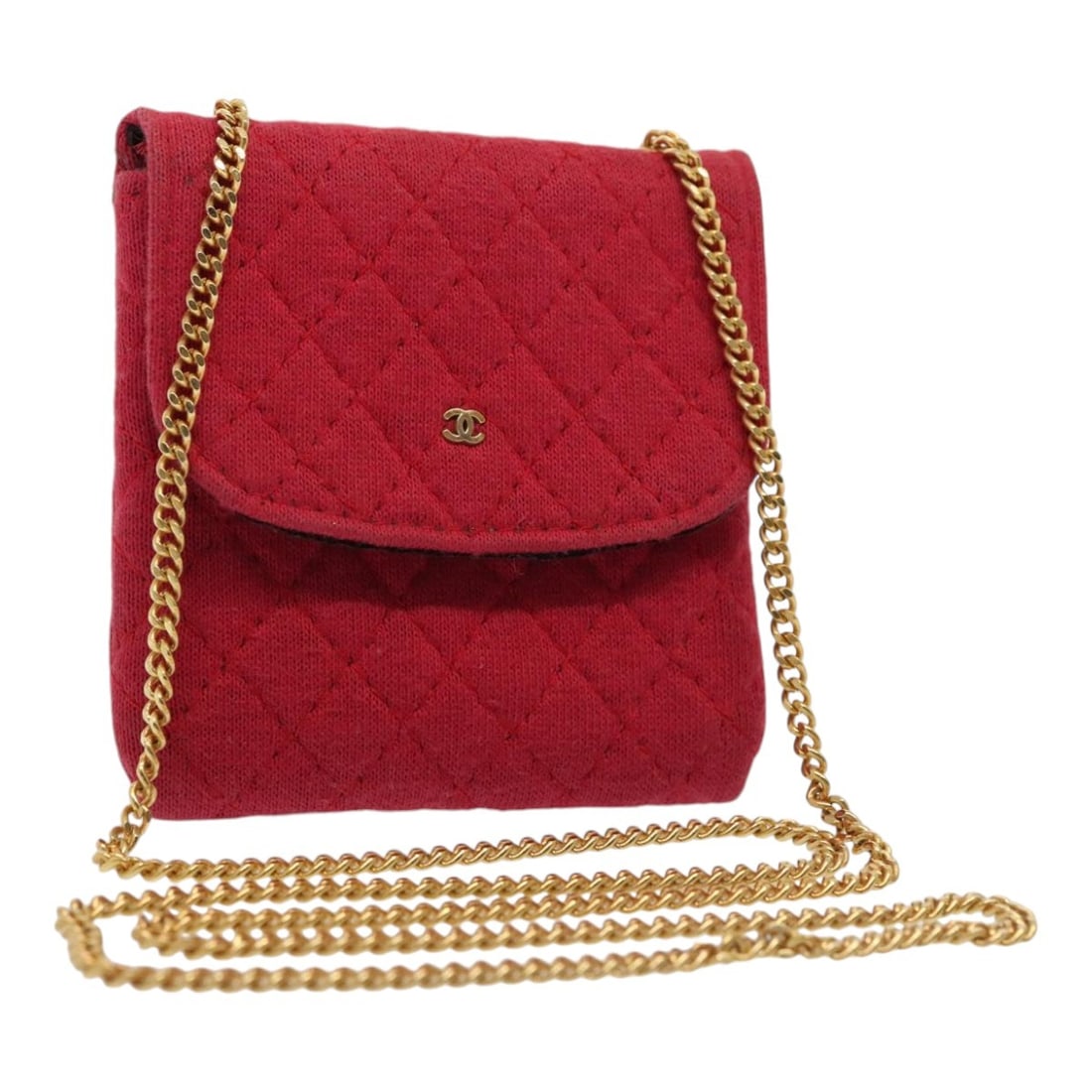 Chanel Quilted Cotton Chain Shoulder Pouch in Gold and Red: Chanel Quilted Cotton Chain Shoulder Pouch in Gold and Red This CHANEL pouch features a quilted chain design crafted from cotton in gold and red tones. Designed for women, the pouch includes a shoulde