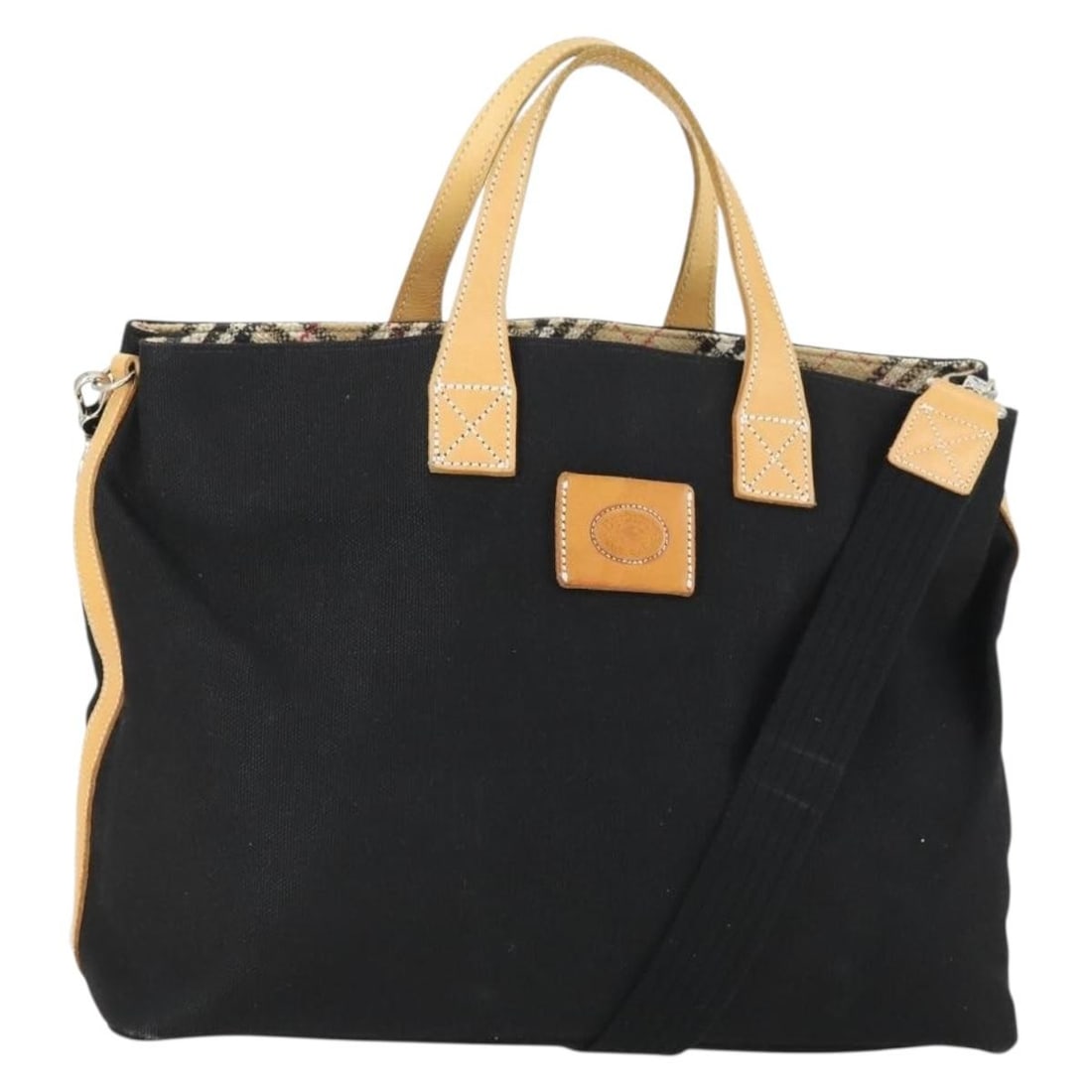 Burberrys Blue Label Black Canvas Tote with Shoulder Strap 2way: Burberrys Blue Label Black Canvas Tote with Shoulder Strap 2way This Burberrys Blue Label tote bag features a black canvas exterior and offers versatile carrying options with both handles and a detach