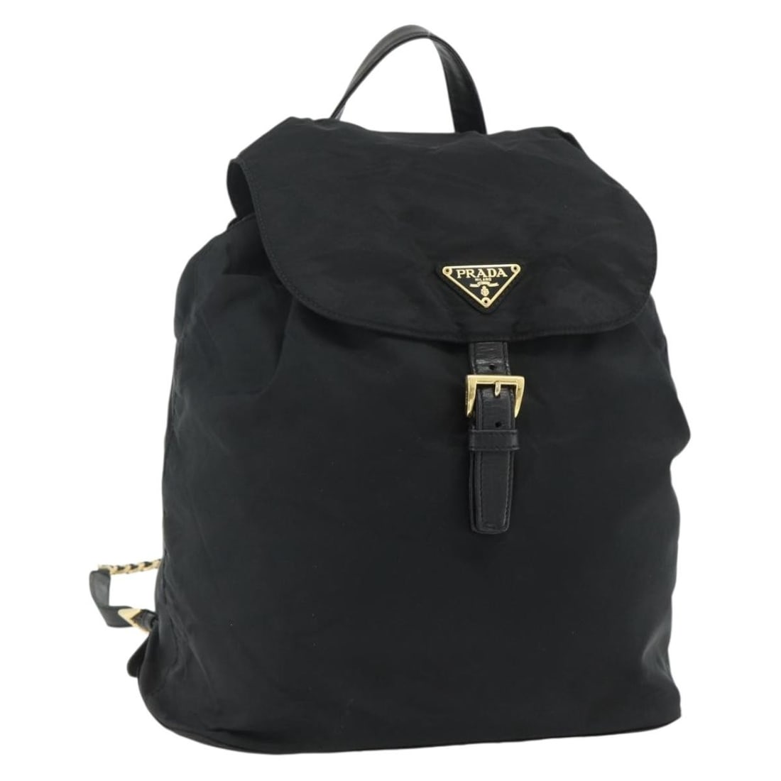 Prada nylon backpack with chain detail gold black Italy: Prada nylon backpack with chain detail gold black Italy This PRADA backpack features a stylish chain design and is crafted from durable nylon in a striking gold and black color combination. Designed f