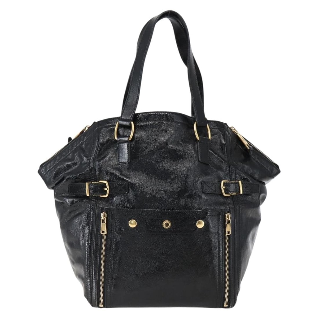 Black Patent Leather Downtown Bag by Saint Laurent: Black Patent Leather Downtown Bag by Saint Laurent This Saint Laurent Downtown handbag is crafted from black patent leather and designed for women. The bag displays a modern silhouette with structured
