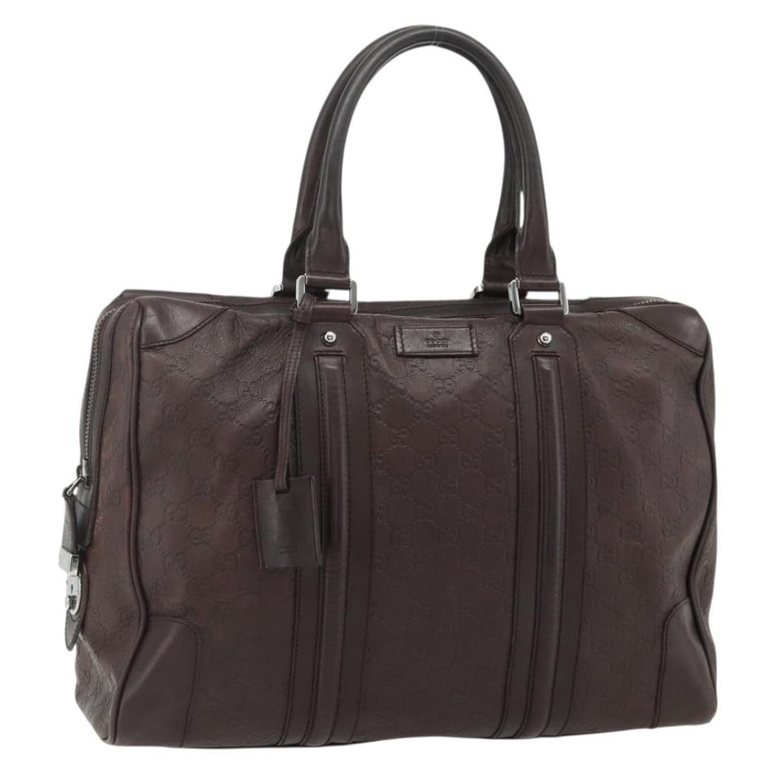 Gucci GG Canvas Brown Silver Handbag with Clochette 145845: Gucci GG Canvas Brown Silver Handbag with Clochette 145845 This GUCCI GG Canvas Guccissima handbag features a brown and silver color scheme with leather and GG canvas materials. Designed for women, it