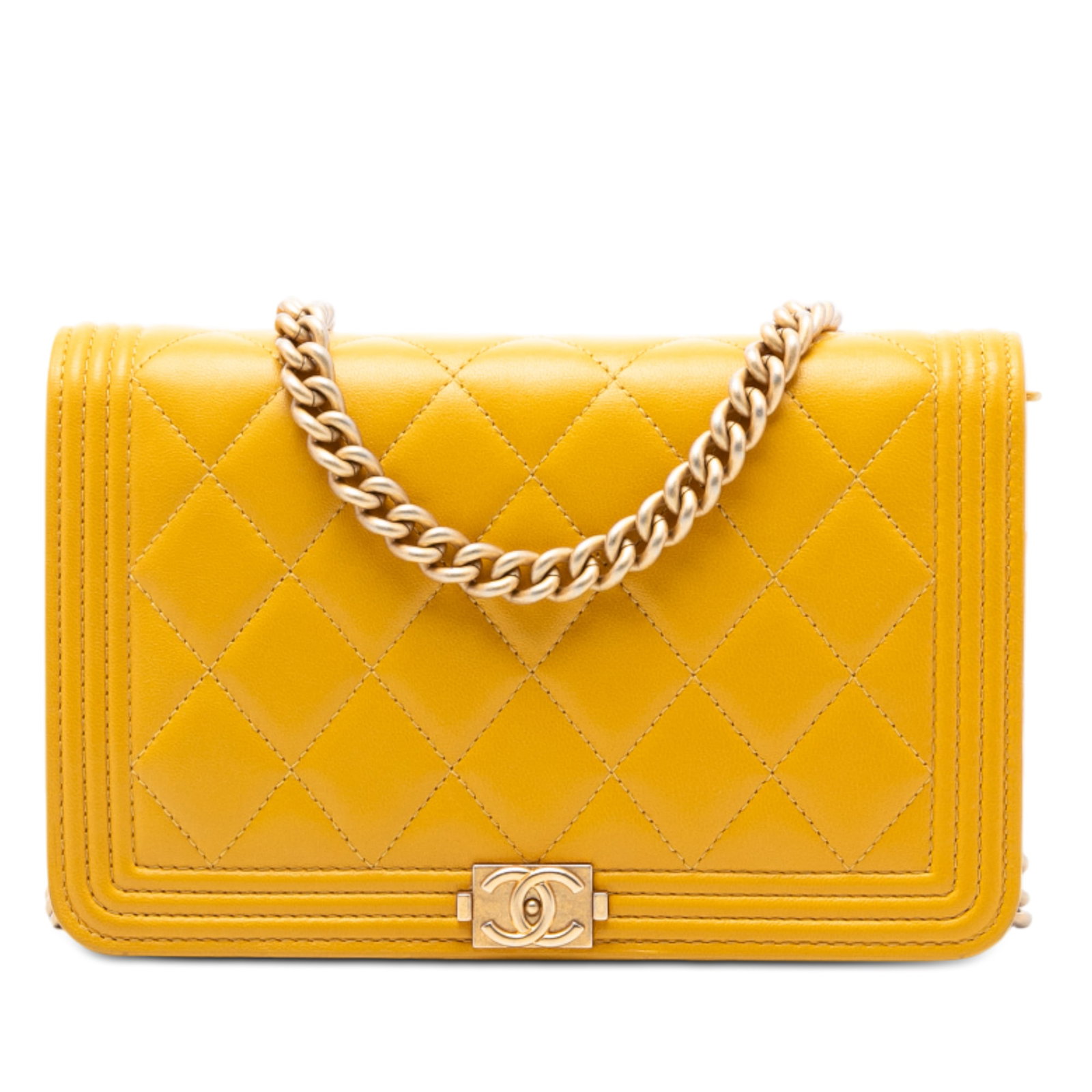 Chanel Boy Chain Wallet in Yellow Quilted Lambskin Leather: Chanel Boy Chain Wallet in Yellow Quilted Lambskin Leather This Chanel Boy Wallet On Chain showcases a quilted lambskin leather body in yellow, complemented by a chain link strap with leather guard. F